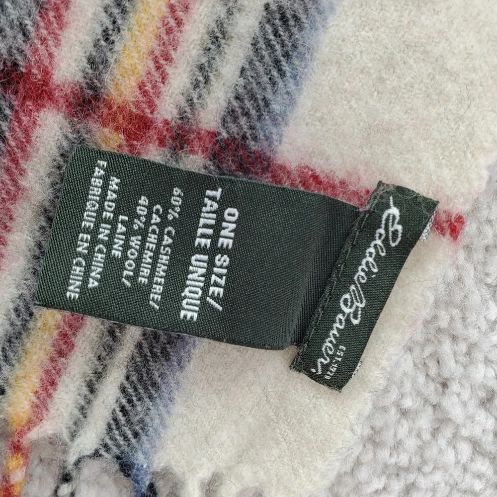 Eddie Bauer Scarf Unisex OS Cream Plaid  Cashmere Wool Blend Fringe‎ Cabincore
